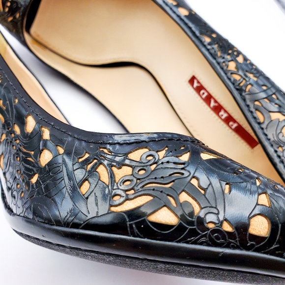 Prada Shoes - Prada Pep Toe Laser Cut, Black & Nude Leather Medium High Heels (38.5)